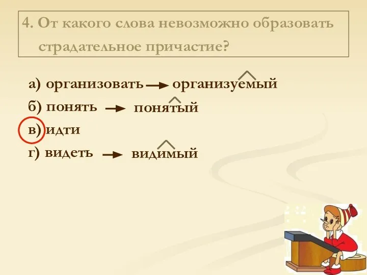 4. От какого слова невозможно образовать страдательное причастие? а) организовать б)