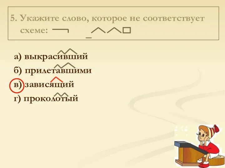 5. Укажите слово, которое не соответствует схеме: а) выкрасивший б) прилетавшими в) зависящий г) проколотый