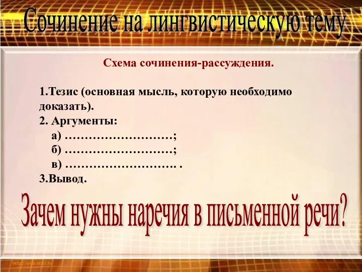 Сочинение на лингвистическую тему Схема сочинения-рассуждения. 1.Тезис (основная мысль, которую необходимо