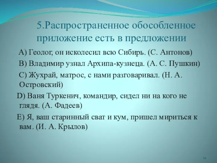 5.Распространенное обособленное приложение есть в предложении A) Геолог, он исколесил всю