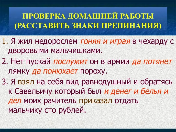 ПРОВЕРКА ДОМАШНЕЙ РАБОТЫ (РАССТАВИТЬ ЗНАКИ ПРЕПИНАНИЯ) 1. Я жил недорослем гоняя