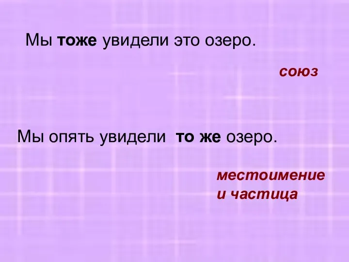 Мы тоже увидели это озеро. Мы опять увидели то же озеро. союз местоимение и частица