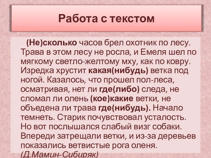 Работа с текстом (Не)сколько часов брел охотник по лесу. Трава в