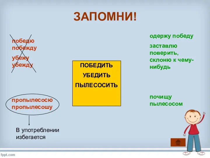 ЗАПОМНИ! ПОБЕДИТЬ УБЕДИТЬ ПЫЛЕСОСИТЬ одержу победу заставлю поверить, склоню к чему-нибудь почищу пылесосом В употреблении избегается