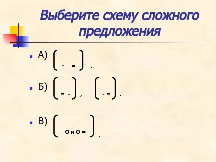 Выберите схему сложного предложения А) Б) В) - = . =