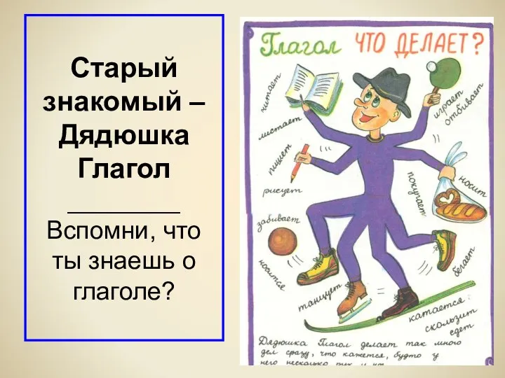 Старый знакомый – Дядюшка Глагол ________ Вспомни, что ты знаешь о глаголе?