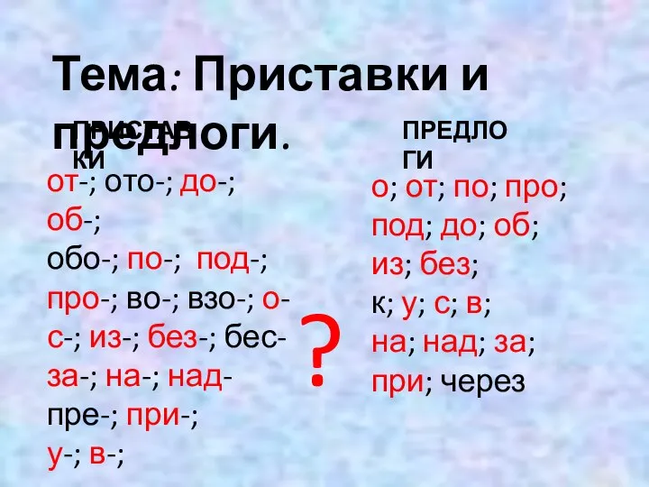 Тема: Приставки и предлоги. от-; ото-; до-; об-; обо-; по-; под-;