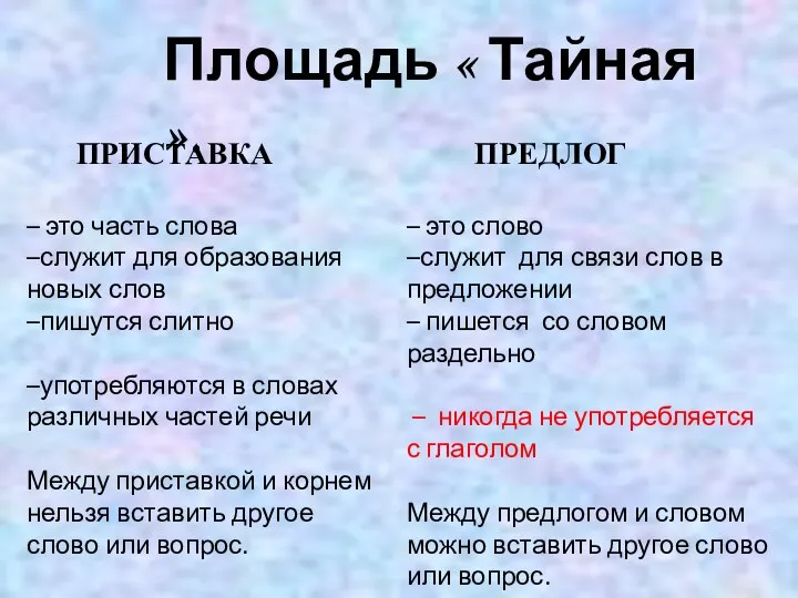 Площадь « Тайная ». ПРИСТАВКА ПРЕДЛОГ – это слово –служит для