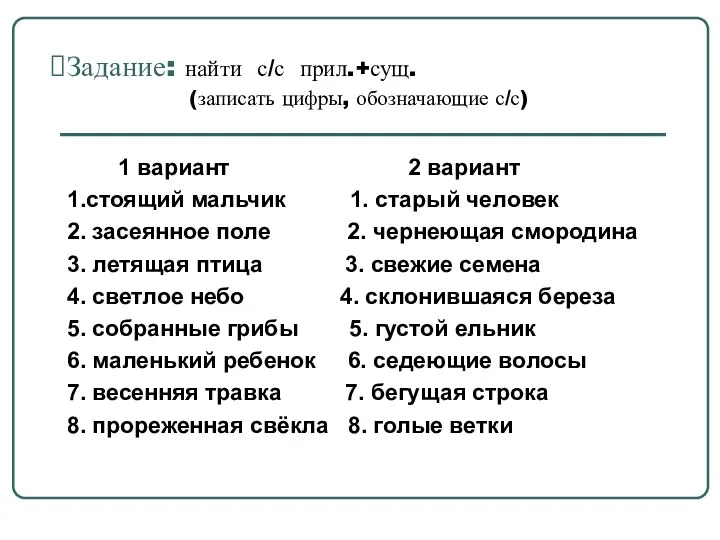 Задание: найти с/с прил.+сущ. (записать цифры, обозначающие с/с) 1 вариант 2