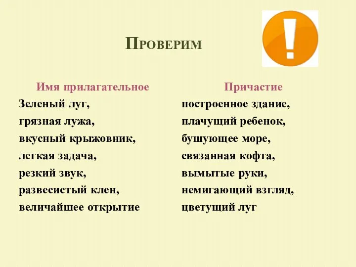 Проверим Имя прилагательное Зеленый луг, грязная лужа, вкусный крыжовник, легкая задача,