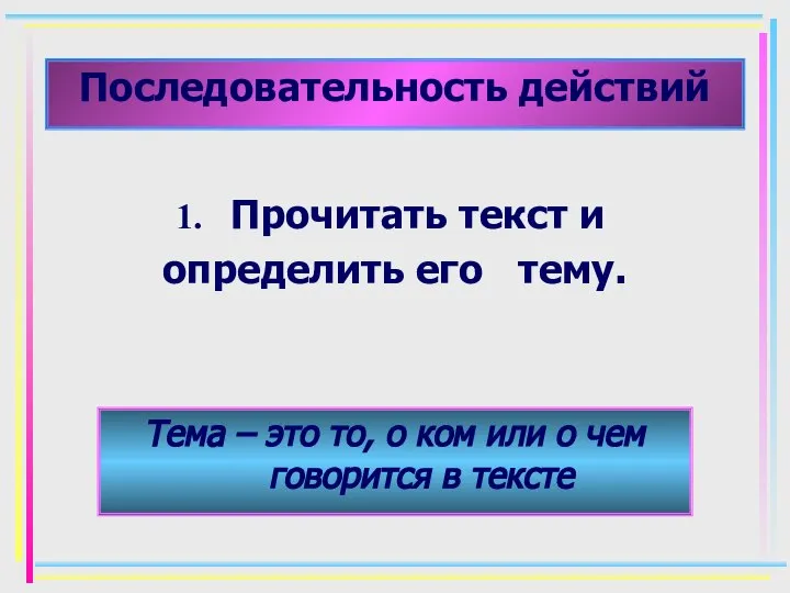 Последовательность действий Прочитать текст и определить его тему. Тема – это