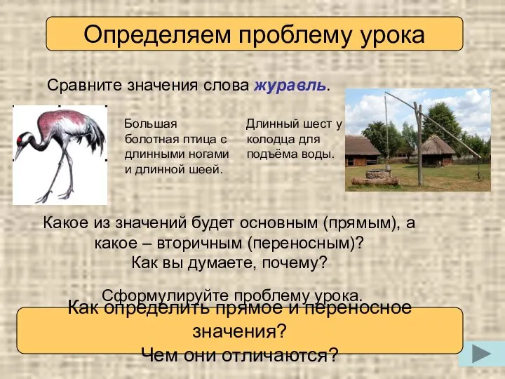 Большая болотная птица с длинными ногами и длинной шеей. Сравните значения