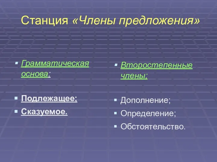 Станция «Члены предложения» Грамматическая основа: Подлежащее; Сказуемое. Второстепенные члены; Дополнение; Определение; Обстоятельство.