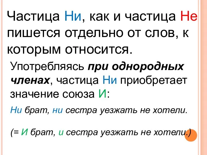 Частица Ни, как и частица Не пишется отдельно от слов, к