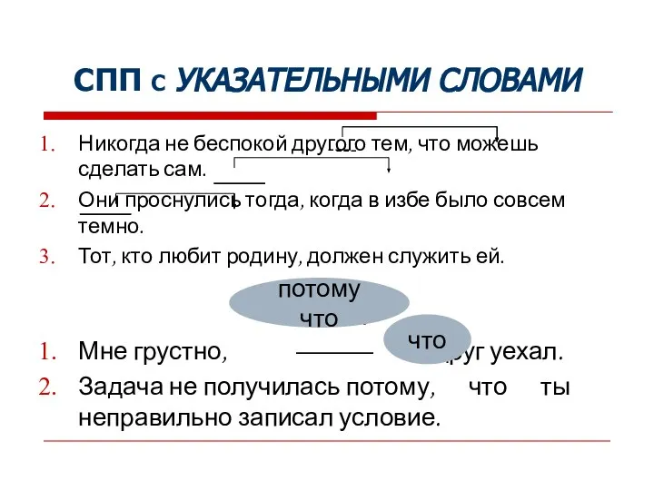 СПП С УКАЗАТЕЛЬНЫМИ СЛОВАМИ Никогда не беспокой другого тем, что можешь