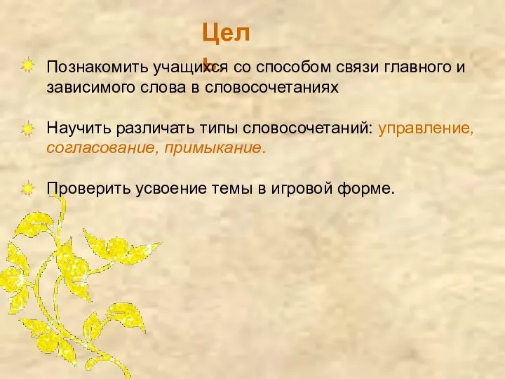 Цель. Познакомить учащихся со способом связи главного и зависимого слова в