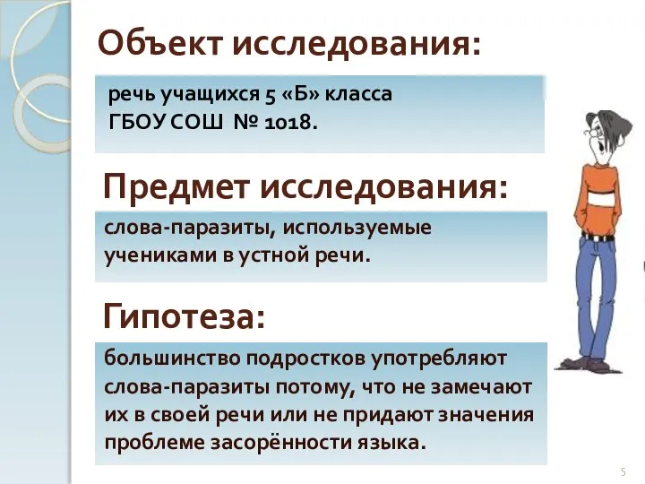 Объект исследования: речь учащихся 5 «Б» класса ГБОУ СОШ № 1018.