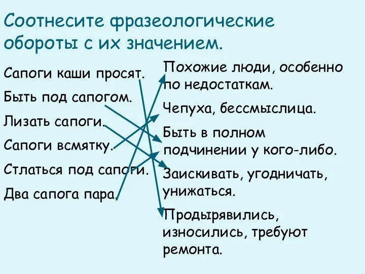 Соотнесите фразеологические обороты с их значением. Сапоги каши просят. Быть под