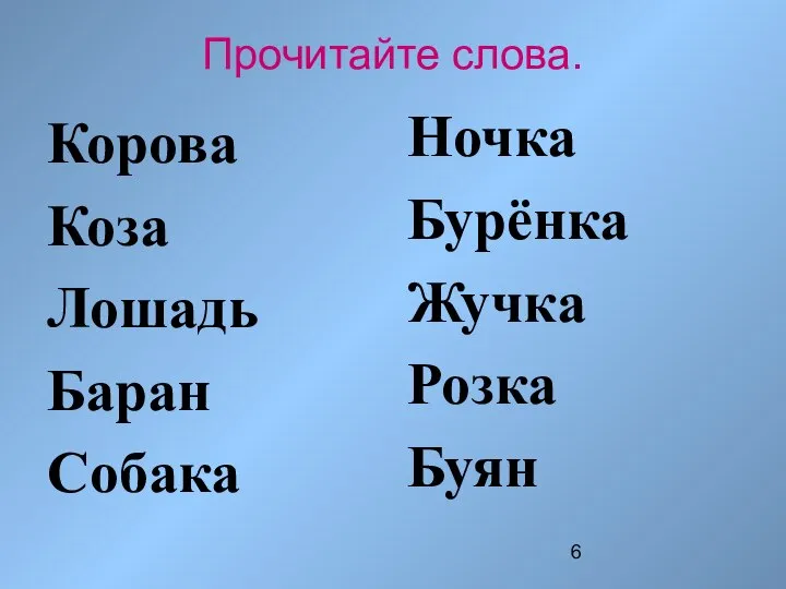 Прочитайте слова. Корова Коза Лошадь Баран Собака Ночка Бурёнка Жучка Розка Буян