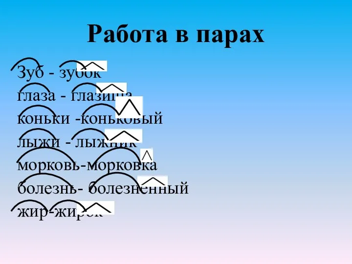 Работа в парах Зуб - зубок глаза - глазища коньки -коньковый