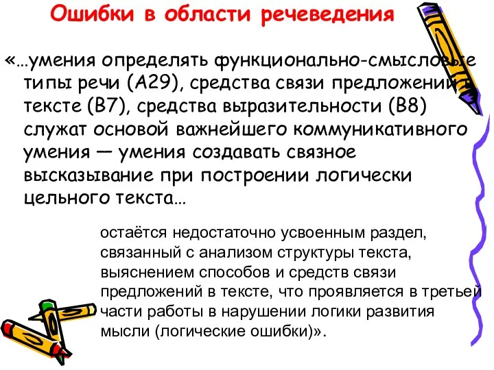 Ошибки в области речеведения «…умения определять функционально-смысловые типы речи (А29), средства