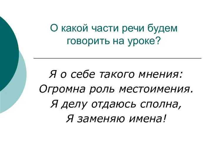 О какой части речи будем говорить на уроке? Я о себе