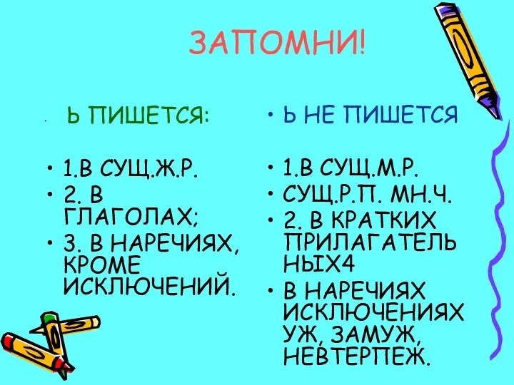 ЗАПОМНИ! Ь ПИШЕТСЯ: 1.В СУЩ.Ж.Р. 2. В ГЛАГОЛАХ; 3. В НАРЕЧИЯХ,