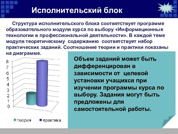 Исполнительский блок Структура исполнительского блока соответствует программе образовательного модуля курса по