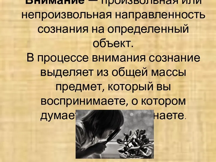 Внимание — произвольная или непроизвольная направленность сознания на определенный объект. В