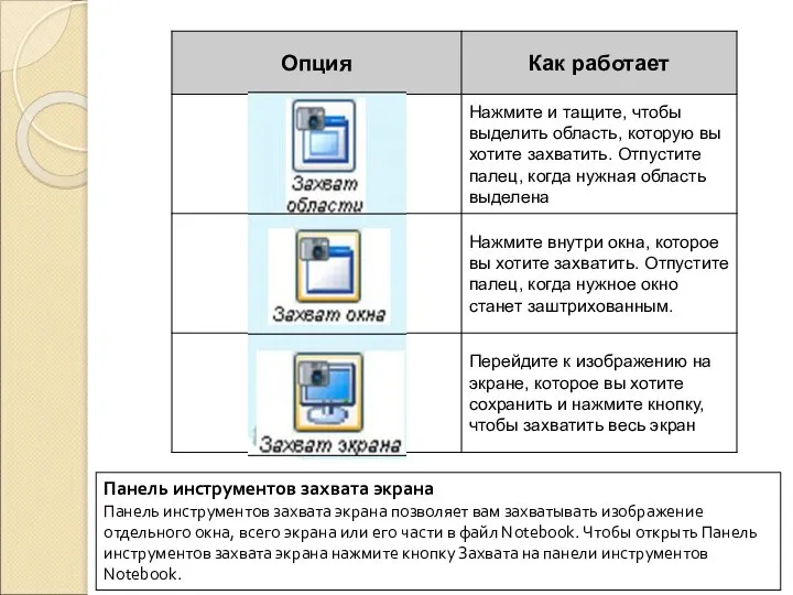 Панель инструментов захвата экрана Панель инструментов захвата экрана позволяет вам захватывать