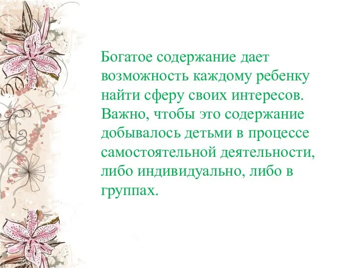 Богатое содержание дает возможность каждому ребенку найти сферу своих интересов. Важно,