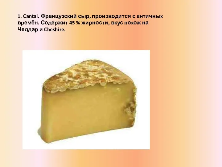 1. Cantal. Французский сыр, производится с античныx времён. Содержит 45 %
