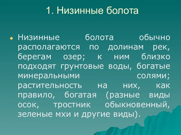 1. Низинные болота Низинные болота обычно располагаются по долинам рек, берегам