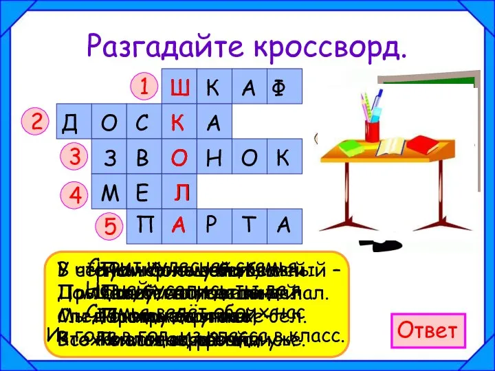 Разгадайте кроссворд. 1 2 3 4 5 Ответ У стены –