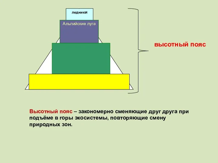 Высотный пояс – закономерно сменяющие друг друга при подъёме в горы экосистемы, повторяющие смену природных зон.