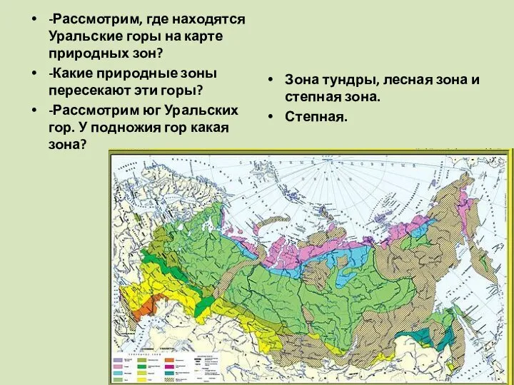 -Рассмотрим, где находятся Уральские горы на карте природных зон? -Какие природные