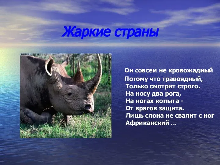 Жаркие страны Он совсем не кровожадный Потому что травоядный, Только смотрит