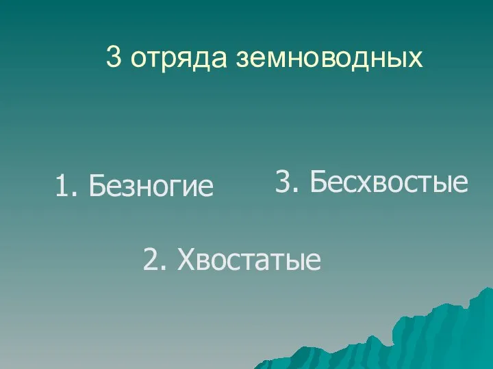 3 отряда земноводных 1. Безногие 2. Хвостатые 3. Бесхвостые