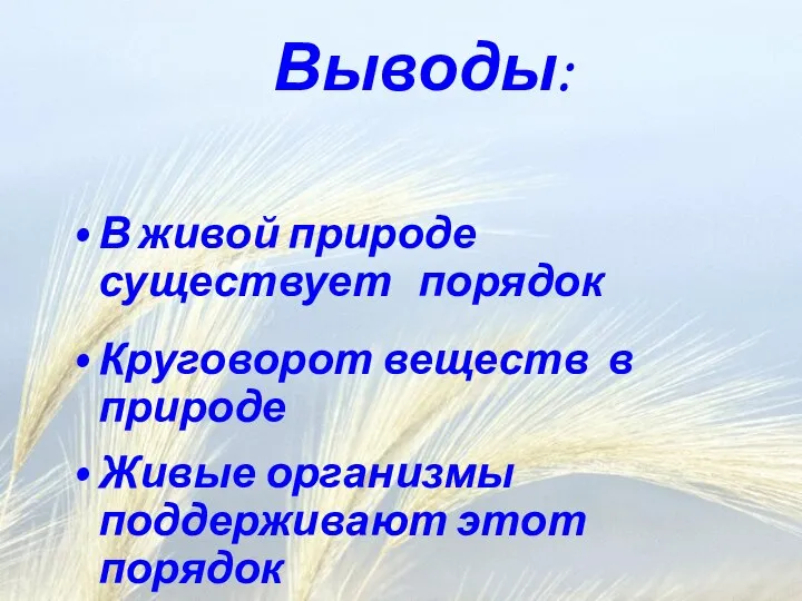 В живой природе существует порядок Круговорот веществ в природе Живые организмы поддерживают этот порядок Выводы: