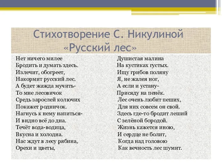 Стихотворение С. Никулиной «Русский лес» Нет ничего милее Душистая малина Бродить