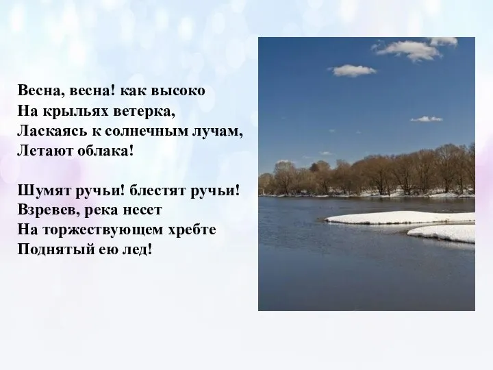 Весна, весна! как высоко На крыльях ветерка, Ласкаясь к солнечным лучам,