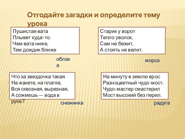 Пушистая вата Плывет куда-то. Чем вата ниже, Тем дождик ближе Что