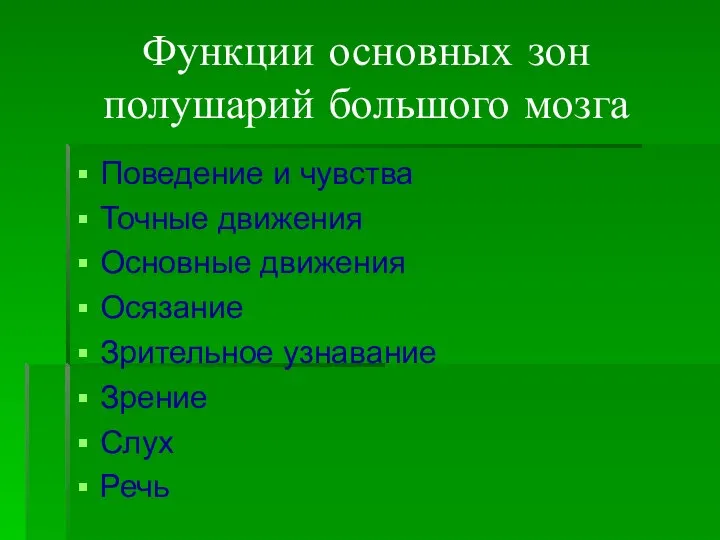 Функции основных зон полушарий большого мозга Поведение и чувства Точные движения