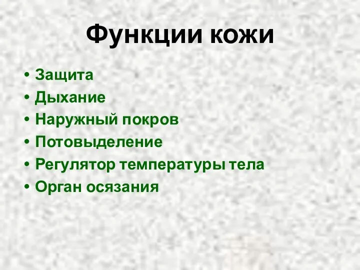 Функции кожи Защита Дыхание Наружный покров Потовыделение Регулятор температуры тела Орган осязания