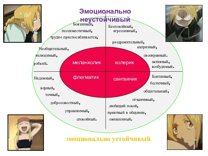 холерик сангвиник меланхолик флегматик Эмоционально неустойчивый эмоционально устойчивый робкий. Боязливый, трудно