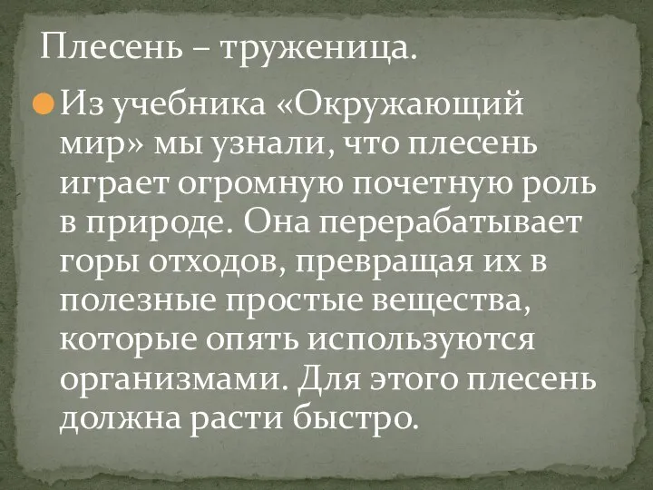 Из учебника «Окружающий мир» мы узнали, что плесень играет огромную почетную