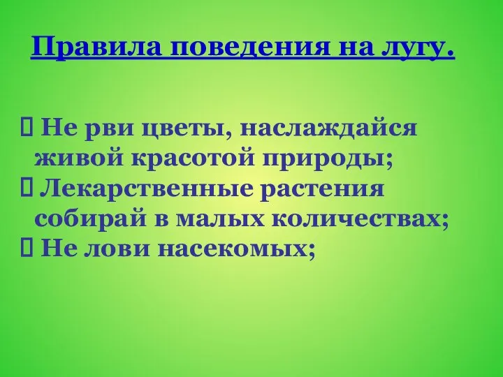 Правила поведения на лугу. Не рви цветы, наслаждайся живой красотой природы;