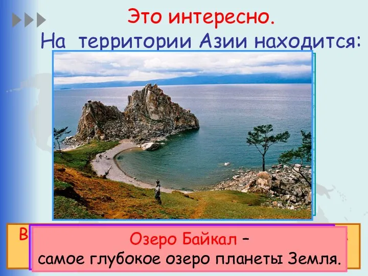 Это интересно. На территории Азии находится: Высочайшая вершина мира Джомолунгма в