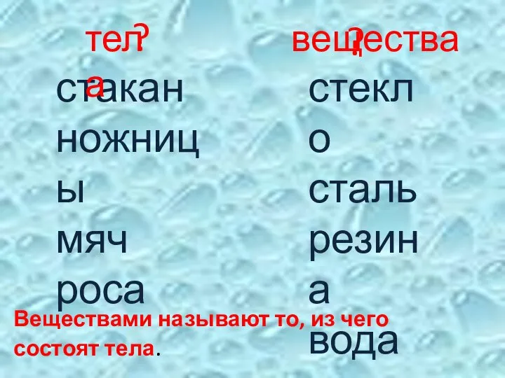 ? ? стакан ножницы мяч роса стекло сталь резина вода тела