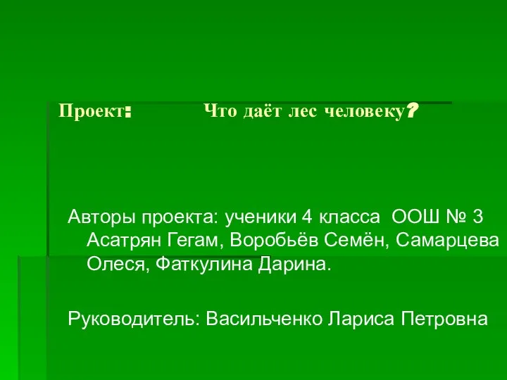 Проект: Что даёт лес человеку? Авторы проекта: ученики 4 класса ООШ